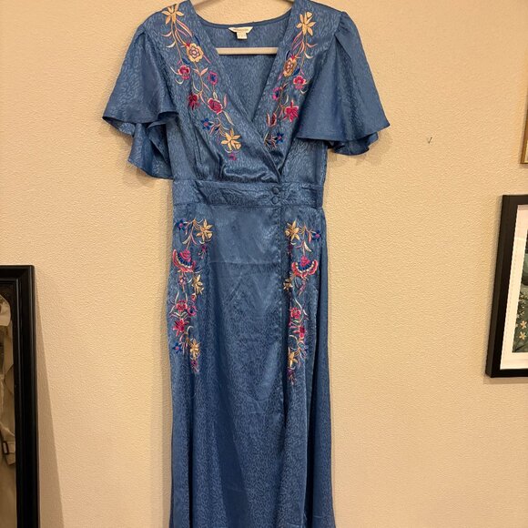 Monsoon US Sz 6 - Elizabeth Embroidered Jacquard Blue Wrap Dress - Picture 4 of 5